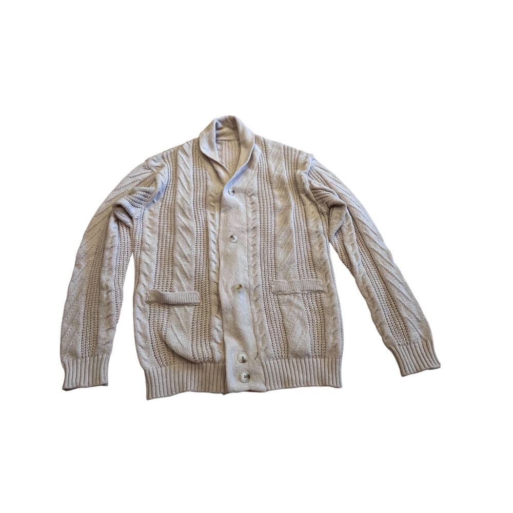 Cable Knit Shawl Collar Cardigan Sweater XL Beige Cream Chunky Boho Coastal Chic